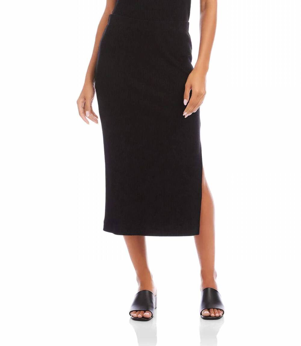 NEW KAREN KANE ribbed side-slit midi skirt in black